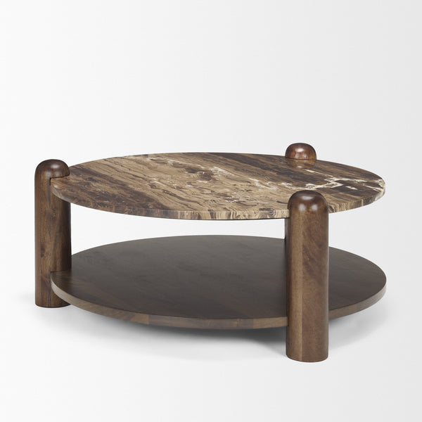 Jovia Brown Mango Wood W/ Cappuccino Marble Round Coffee TableBench  36.0L x 36.0W x 16.0H