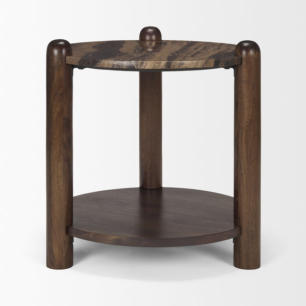 Jovia Brown Mango Wood W/ Cappuccino Marble Round Side Table  24.0L x 24.0W x 26.0H