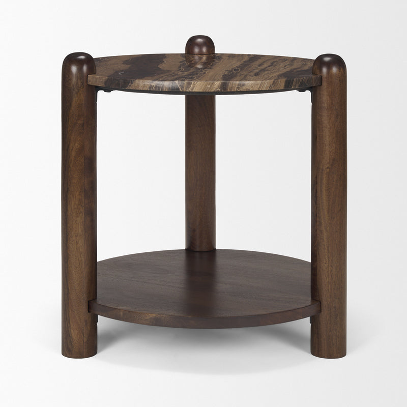 Jovia Brown Mango Wood W/ Cappuccino Marble Round Side Table  24.0L x 24.0W x 26.0H