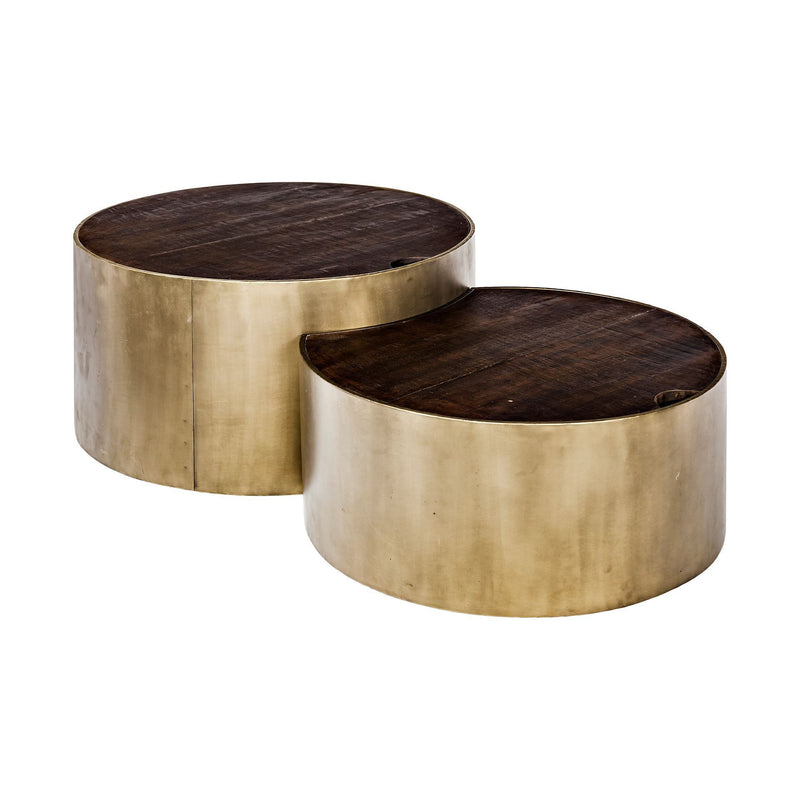 Eclipse Set of 2 39.5" & 31.25" Round Brown Solid Wood Top Gold Metal Base Nesting Coffee